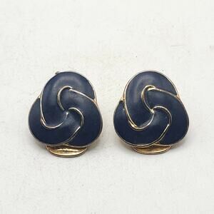 Vintage Navy Blue Enamel Celtic Knot Clip On Earrings Gold Tone Abstract Pair